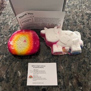 Lush Toby’s Magic Cow Bath Bomb and Rainbow Bubble Bar thank-you set